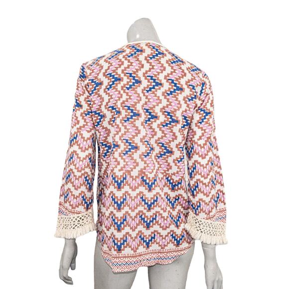 Roberta Roller Rabbit Women's Vneck Blouse Crochet cuffs multi color sz Small - Picture 4 of 9